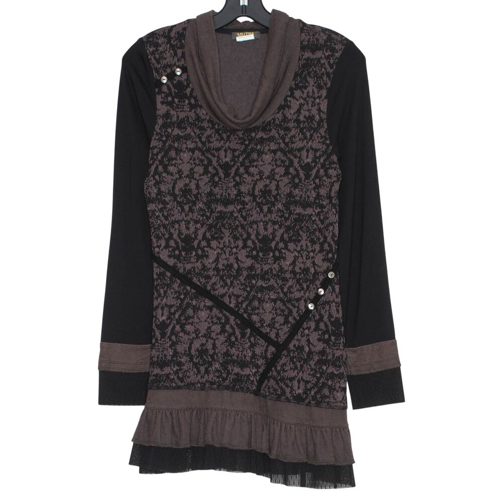 Dolcezza Tunic Top Cowl Neck Artsy Lagenlook Boho Brown Black Long Sleeve Small
